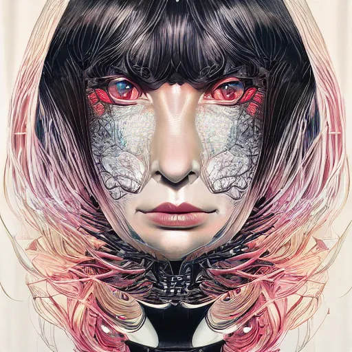 Image similar to portrait of crazy sia kate isobelle furler, symmetrical, glamour, hyper detailed, by yoichi hatakenaka, masamune shirow, josan gonzales and dan mumford, ayami kojima, takato yamamoto, barclay shaw, karol bak, yukito kishiro