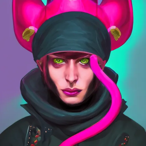 Image similar to a hot pink tiefling with a tinfoil hat, a pet rat, exasperated, young man green eyes, horns, character art, full body art, dungeons and dragons, d & d, trending on artstation, artgerm, 4 k ultra hd, sharp focus, digital art by ilya kuvshinov and ross tran
