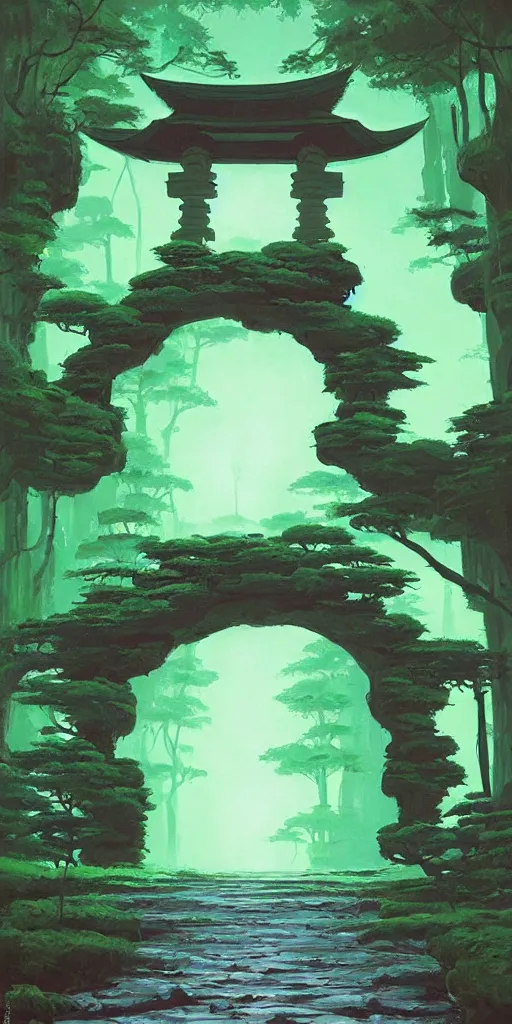 Image similar to the green torii gate!!! a highly detailed cinematic oil painting by roger dean and alena aenami, dynamic lighting