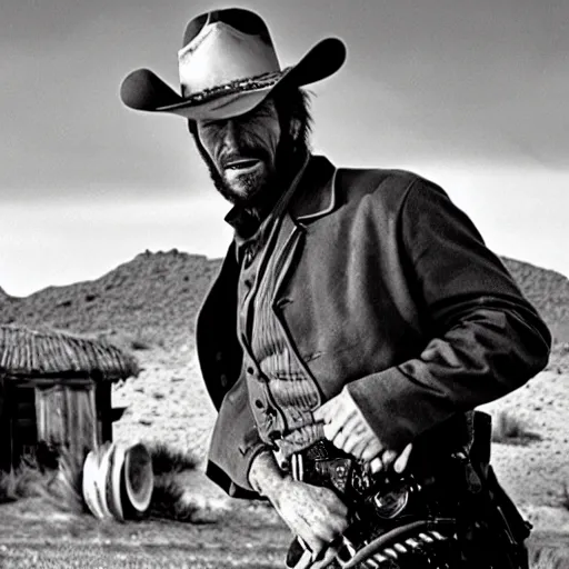 Image similar to clint eastwood squinting at high noon in the style of a clint eastwood movie, the good, the bad and the ugly, clint eastwood, steven seagal, bud spencer, donald trump, glory days, patriotism