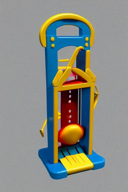 Image similar to product photo of life sized toy guillotine made by fisher price, colorful plastic, high quality, intricate detail, realistic textures, octane render, unreal engine 5, hyperrealism