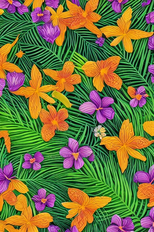 Image similar to Intricate detailed vector illustration of tropical flowers and green reeds, multiple cohesive colors ranging from warms purples to bright oranges on a ((very dark background)), 4K resolution