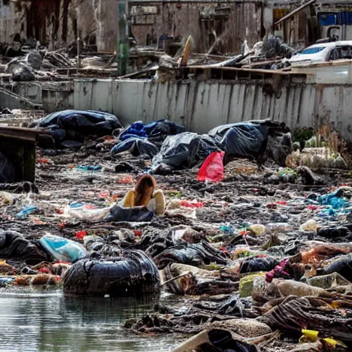 Prompt: adrift in a river of filth