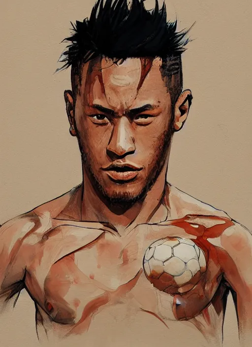 Image similar to semi reallistic gouache gesture painting, by yoshitaka amano, by ruan jia, by Conrad roset, by dofus online artists, detailed 3d render of neymar as sayajin, Neymar soccer player transformed on Super Saiyan, Neymar jr, portrait, cgsociety, artstation, rococo mechanical, Digital reality, sf5 ink style, dieselpunk atmosphere, gesture drawn