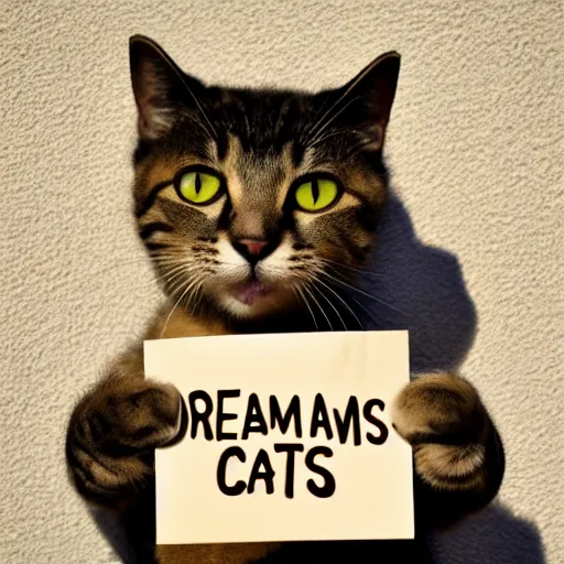 Prompt: realistic high quality photo of a cute cat holding a sign with text that reads : dreamm caaats, cats, cas