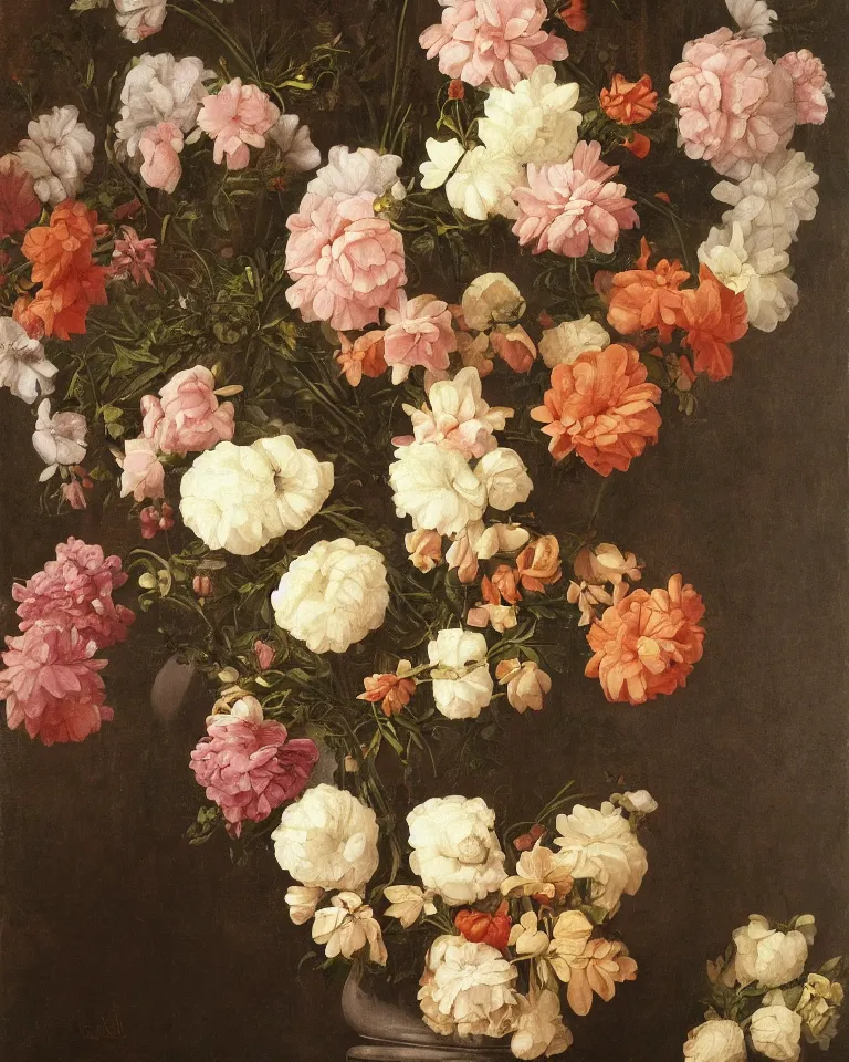 Prompt: still life of beautiful flowers in an intricate vase on a marble pedestal, trending on art station, by Raphael, Georgia O'Keefe, and Bernini.