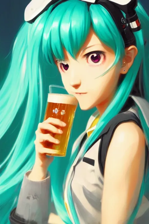 Image similar to Hatsune miku drinking a beer. visibly drunk. sci-fi, modern, colourful!! highly detailed, digital painting, artstation, concept art, sharp focus, illustration, by greg rutkowski