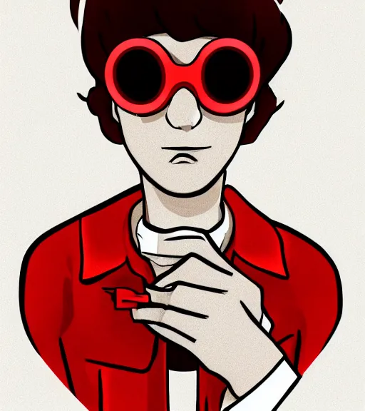 Image similar to young man in red jacket and white shirt, white hair, round goggles, smoking cigarette, character portrait, sharp focus, illustration, high detailed