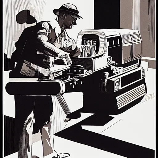 Image similar to syd mead illustration of an industrial lathe