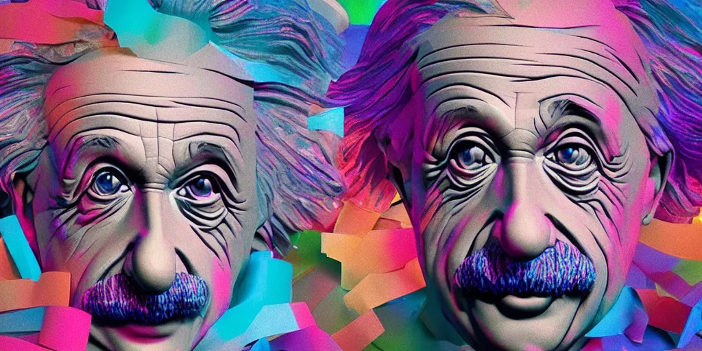 Image similar to Albert Einstein made out of crumpled colored foil strips, 3D cinematic lighting, spotlight at a 90 DEGREE ANGLE, photorealism, octane render, depth of field, 8k, 35mm, artgem, Trending on artstation