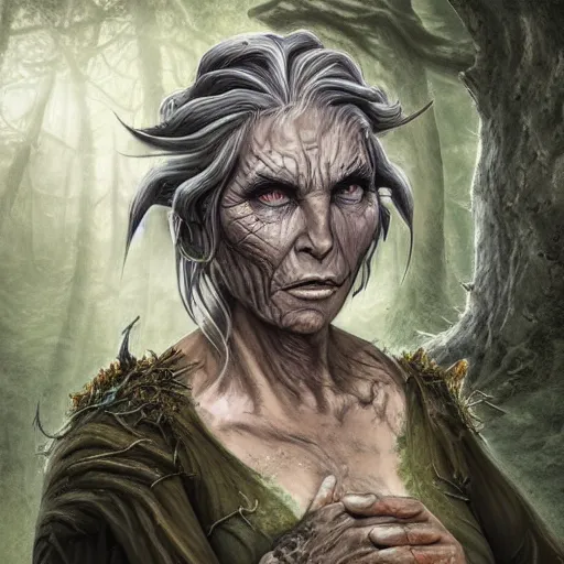 Image similar to fantasy portrait of an energetic old nurgle cultist woman with silky, cloudy grey hair, black scars on her face, swamp vegetation in the background, nocturnal palette, art by greg rutowski, raphael lacoste, eddie mendoza, artgerm, trending on artstation