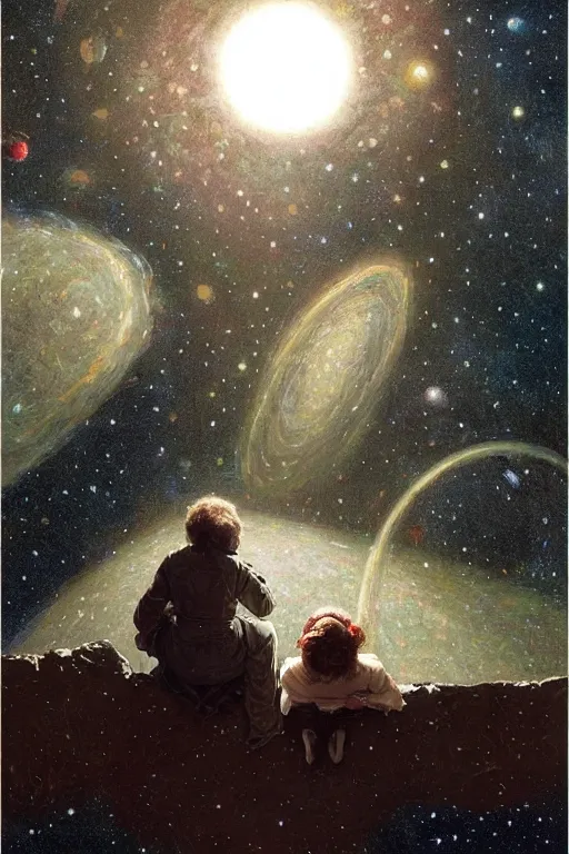 Prompt: a 1 2 year old boy and 1 0 year old girl dreaming about a universe full of galaxies, part by norman rockwell, part by greg rutkowski, part by mattias adolfsson, high angle, ( ( ( ( volumetric lighting ) ) ) ), oil on canvas