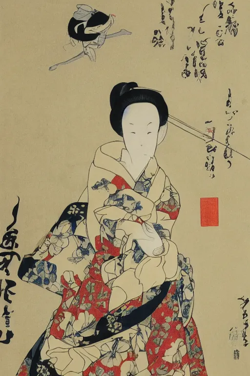 Image similar to geisha with traditional kimono, art of the katsushika hokusai