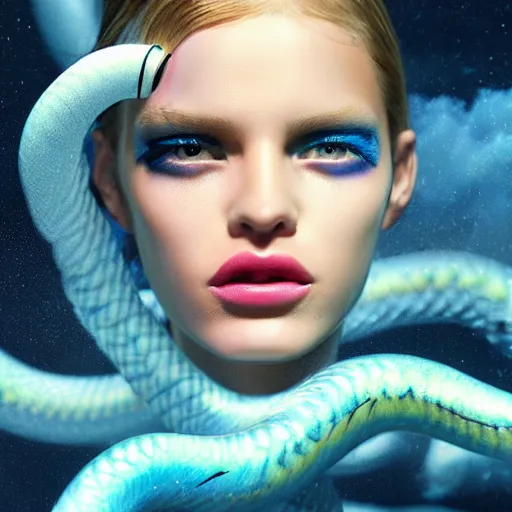 Prompt: 3 d, sci - fi, close - up, blonde fashion model with pigment condition vitiligo, cinematic, clouds, steam, snakes background, vogue cover style, poster art, bright mood, realistic painting, intricate oil painting, high detail illustration, figurative art, multiple exposure, poster art, by tooth wu and wlop and beeple and greg rutkowski