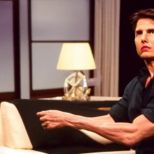 Prompt: Tom Cruise shooting lightning from his hands towards Oprah on her tv show