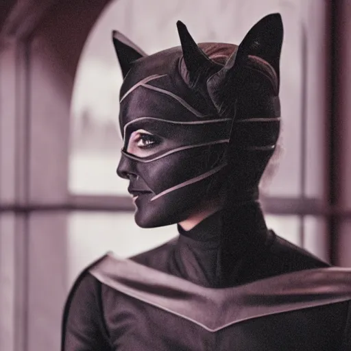 Prompt: Emma Watson as Catwoman, XF IQ4, 150MP, 50mm, f/1.4, ISO 200, 1/160s, natural light, Adobe Lightroom, photolab, Affinity Photo, PhotoDirector 365, filling the frame, rule of thirds, symmetrical balance, depth layering