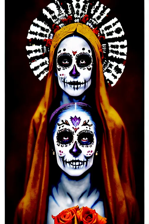 Image similar to photogravure virgin mary in dia de muertos dress and make up, head tiled back horrific beautiful vibe, evocative, atmospheric lighting, painted, intricate, highly detailed, leesha hannigan, wayne haag, reyna rochin, ignacio fernandez rios, mark ryden, iris van herpen, stunning, gorgeous, sharp focus, cinematic, masterpiece