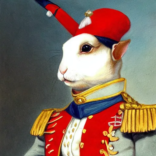 Image similar to A painting of a rabbit wearing a napoleon-era officer's uniform