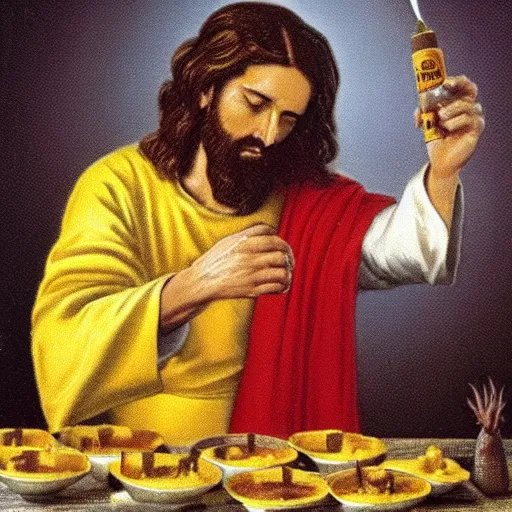 Prompt: Jesus pouring mustard on his followers