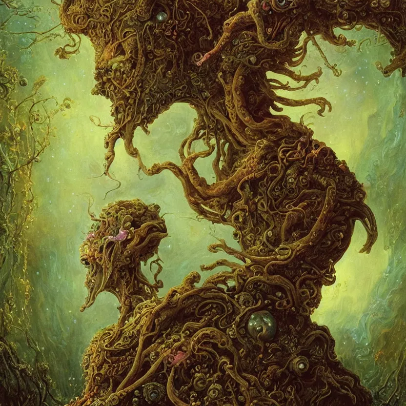 Prompt: a close - up rococo portrait of an iridescent alien elf - like creature with futuristic features standing in water, moss, and swamp. night time. rich colors, high contast. gloomy, highly detailed 1 8 th century sci - fi fantasy masterpiece painting by jean - honore fragonard, moebius, and johfra bosschart. artstation