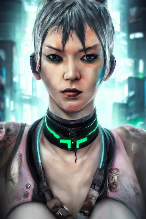 Image similar to detailed realistic cyberpunk female character cyberpunk wearing steel collar around neck, realistic, art, beautiful, 4K, collar, choker, collar around neck, punk, artstation, detailed, female, woman, choker, cyberpunk, neon, punk, collar, choker, collar around neck, thick collar, choker around neck, wearing choker, wearing collar, bright neon punk hair,