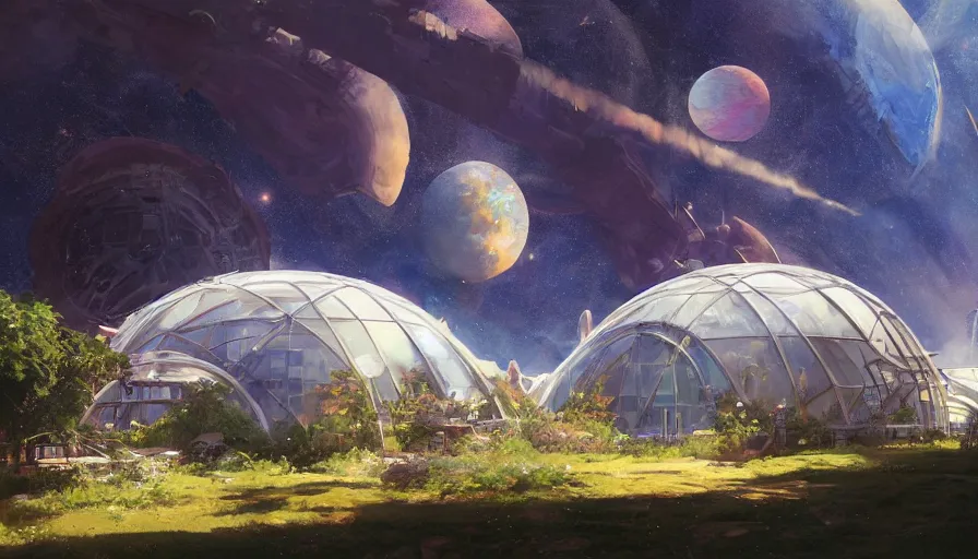 Image similar to craig mullins and ghibli digital illustration of a giant biodome in outer space, astrophotography, colorful, unreal engine, hyper realism, realistic shading, cinematic composition, realistic render, octane render, detailed textures, photorealistic, wide shot,