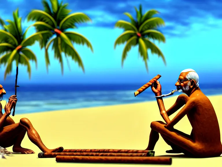 Image similar to side view of gandhi holding a cigar, sitting on a beach, next to a campfire, with palm trees and different types of beach animals parrot turtle lizard crab coconuts in the back, glorious lighting, epic environment, highly detailed, digital art, hyper realistic