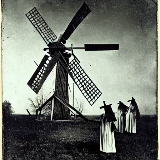 Prompt: an 1800s photo of a windmill. Cult worshippers in robes.