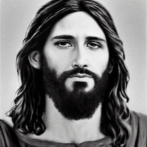Image similar to A photograph portrait of Jesus Christ, taken in the early 1970s, grainy, taken on a 1970s Polaroid Camera, realistic, hyperrealistic, very realistic, highly detailed, very detailed, extremely detailed, detailed, digital art, trending on artstation, B&W