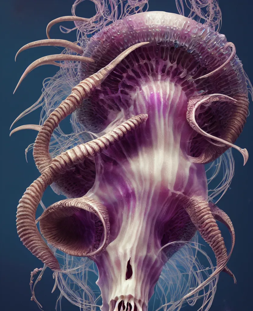 Image similar to goddess close-up portrait goat skull. jellyfish phoenix head, nautilus, orchid, skull, betta fish, bioluminiscent creatures, intricate artwork by Tooth Wu and wlop and beeple. octane render, trending on artstation, greg rutkowski very coherent symmetrical artwork. cinematic, hyper realism, high detail, octane render, 8k