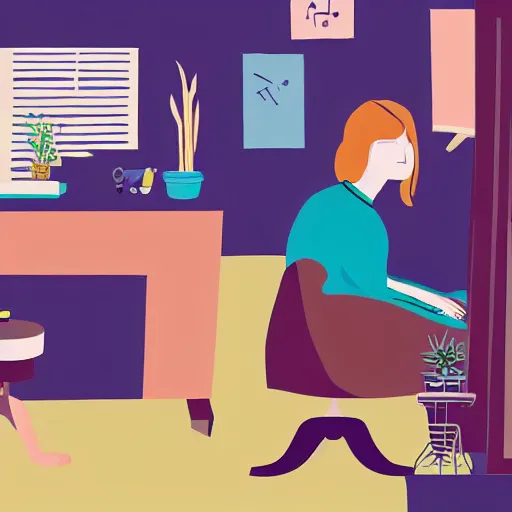 Prompt: gouache portrait of a woman with brown hair programming a computer, photograph of the whole room, colorful computer screen, home office with plants, colorful kid toys all over the floor, piano in the background, cosy, serene, morning light, very detailed, vivid colors, solid color background, steampunk