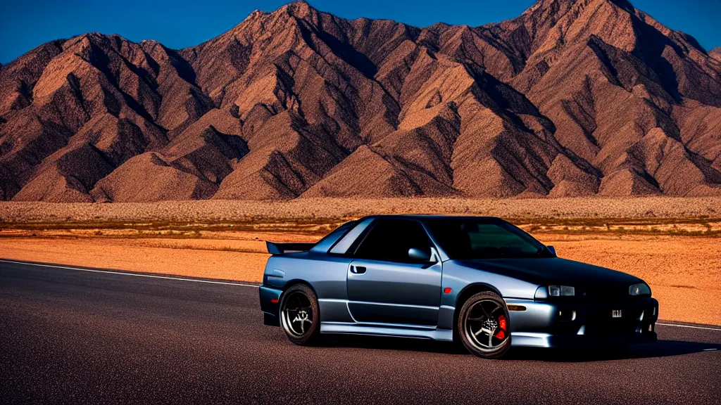 Image similar to three quarter front photo of a stock dark grey nissan r 3 2 skyline gtr on a road in a desert with a mountain in the background in the early morning, car photography, zoom lens, blue hour, photorealistic