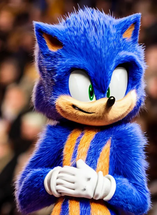 Image similar to hyperrealistic and heavy detailed moncler runway show of sonic the hedgehog, leica sl 2 5 0 mm, vivid color, high quality, high textured, real life