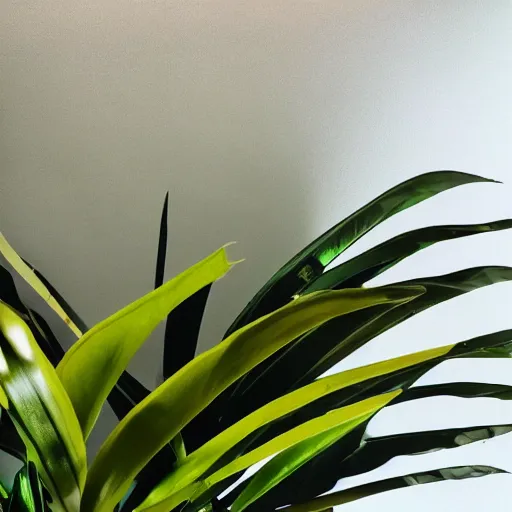 Image similar to an ultra high definition professional studio quality photograph of a transparent iridescent perspex pastel coloured jungle leaves on a plant in an empty white room. dramatic lighting, ray tracing, refraction, shallow d. o. f, colour corrected, golden ratio, three point light. volumetric shadows. god rays.