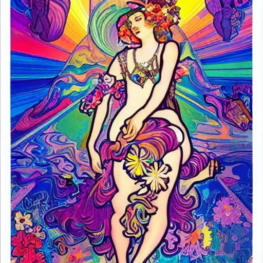 Image similar to how to get high, painted by lisa frank and alfons mucha