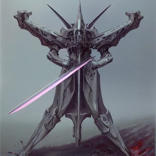 Prompt: concept art of omegamon, sword for lift arm and a cannon for right arm, fantasy, valley, heavy fog, wayne barlowe and zdzislaw beksinski