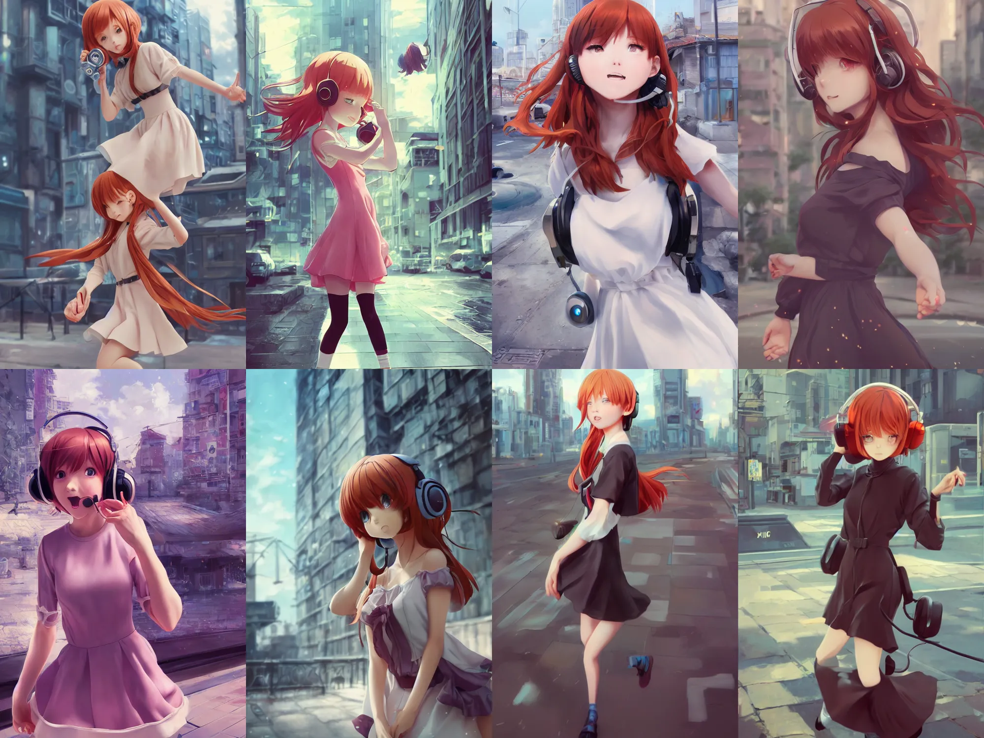 Prompt: Very complicated dynamic composition, realistic anime style at Pixiv CGSociety by WLOP, ilya kuvshinov, trending on artstation. Zbrush sculpt colored, Octane render in Maya and Houdini VFX, cute young redhead girl in motion, she expressing joy, wearing dress, headphones, silky hair, stunning deep eyes. In cityscape. Very expressive and inspirational. Amazing textured brush strokes. Cinematic dramatic atmosphere, soft volumetric studio lighting.