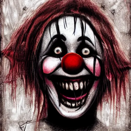 Prompt: grunge drawing of a happy clown in the style of the grudge | horror themed