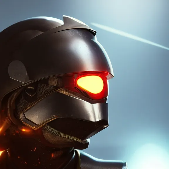 Image similar to advanced metal samurai helmet, glowing visor, splash art, movie still, cinematic lighting, dramatic, octane render, long lens, shallow depth of field, bokeh, anamorphic lens flare, 8k, hyper detailed, 35mm film grain