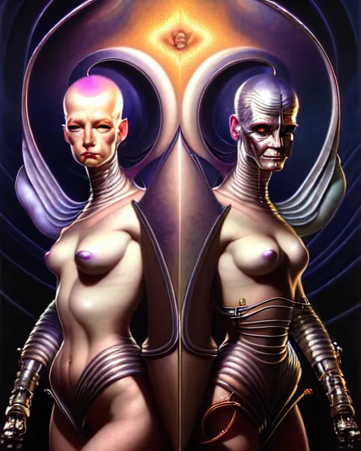 Image similar to a portrait of gemini good and evil fantasy character portrait facing each other, ultra realistic, wide angle, intricate details, the fifth element artifacts, highly detailed by peter mohrbacher, hajime sorayama, wayne barlowe, boris vallejo, aaron horkey, gaston bussiere, craig mullins