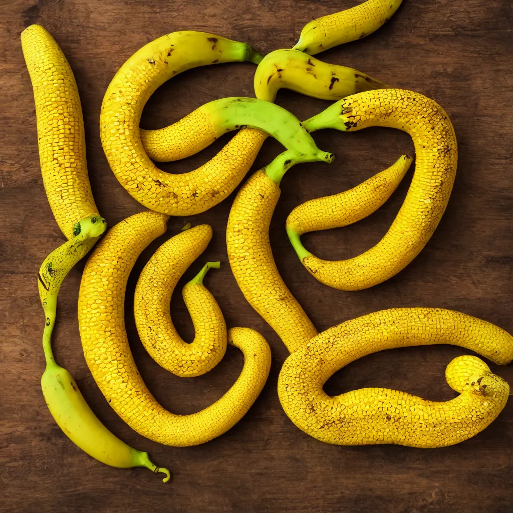 Image similar to snake banana in the shape of colorful corncob, closeup, hyper real, food photography, high quality