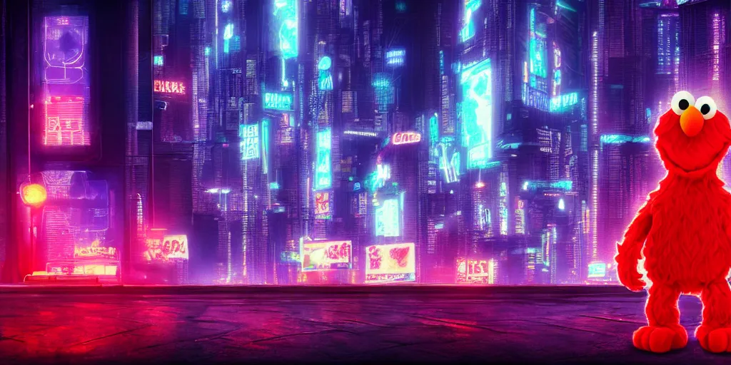 Image similar to elmo!! in cyberpunk night city wallpaper rendering, digital art