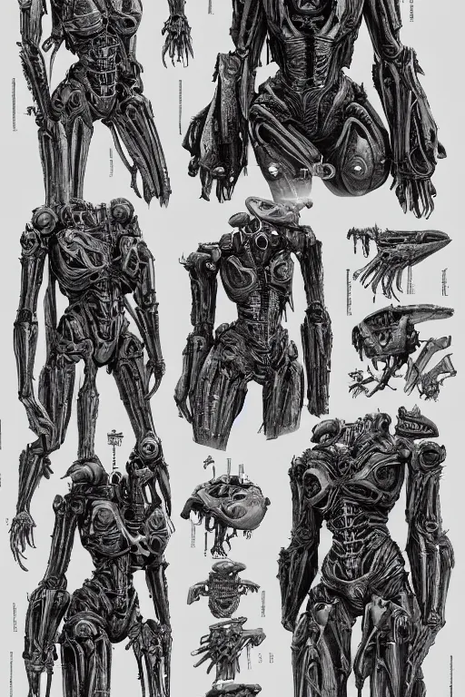 Image similar to quintessa transfomers with gunmetal grey skin, medical anatomy, very symmetrical face, highly detailed, mecha, three - perspective / three - view reference sheet ( front / back / side ), in the style of dan ouellette, hr giger, sil from species, dren from splice, biomechanical, artstation, unreal engine