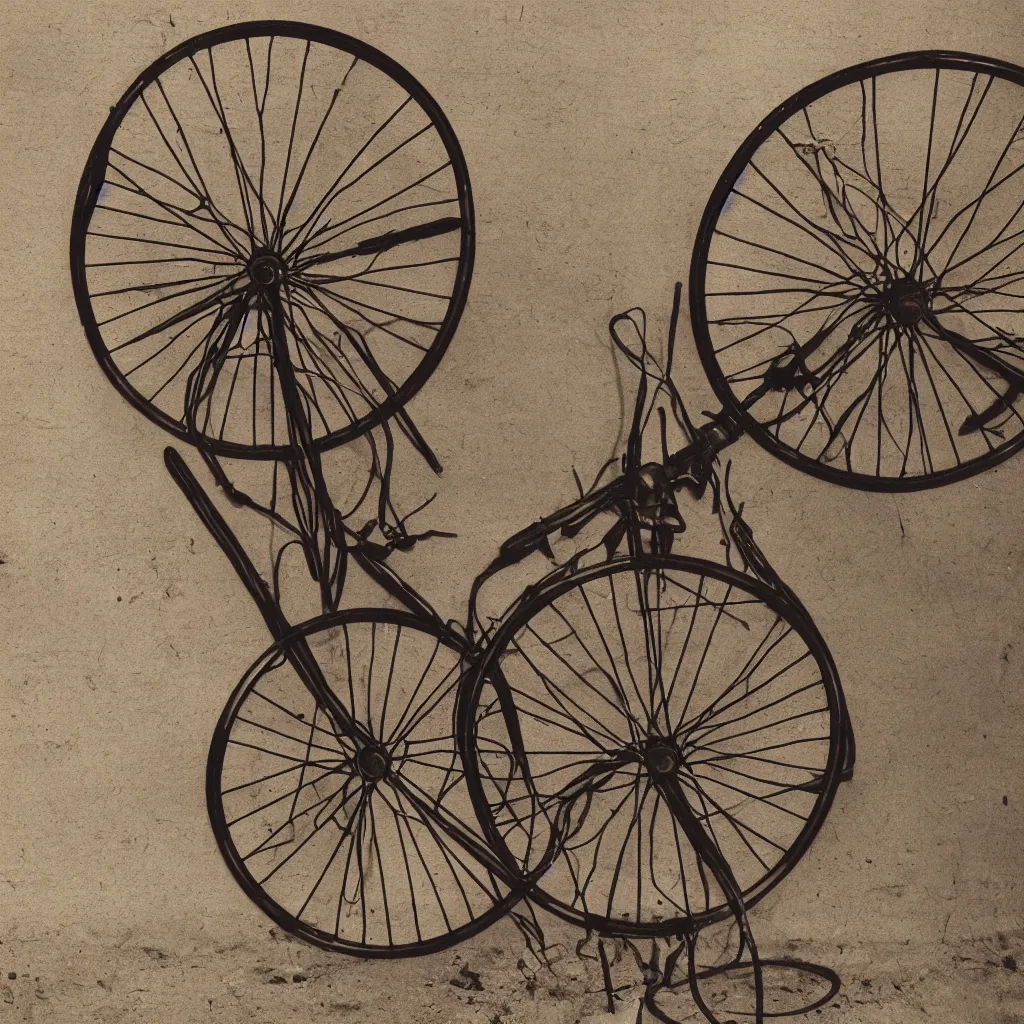 Prompt: kodachrome photograph of a bicycle wheel attached to a stool