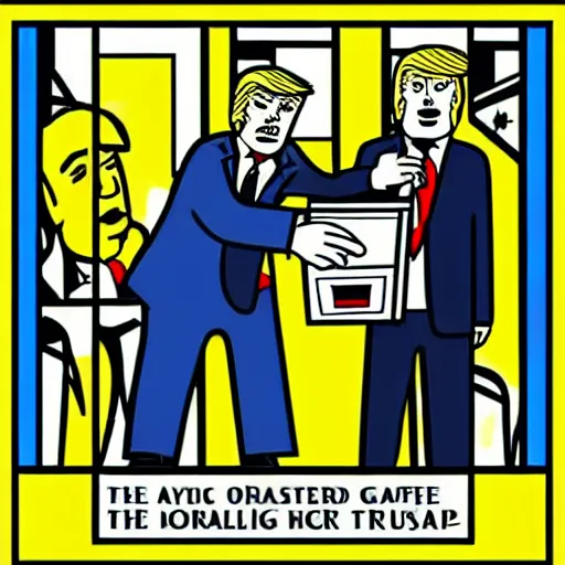 Prompt: “The FBI breaking into Donald trump’s safe in the style of lichtenstein”