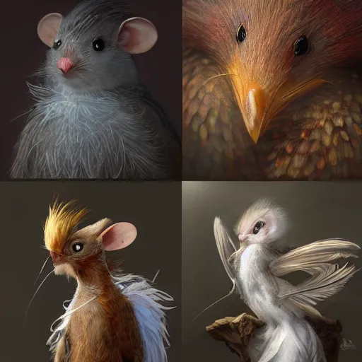 Image similar to portrait character design, a cute feathered mouse, feathers plumage, plumed by brian froud, portrait studio lighting by jessica rossier and brian froud and gaston bussiere