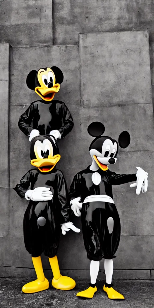 Image similar to close shot of donald duck and mickey mouse wearing latex outfits in front of berghain, berlin style, photography by sven marquardt, highly detailed, photorealistic, 4 k