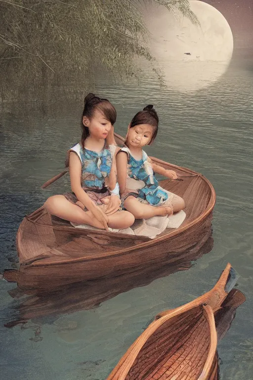 Prompt: two little girls sit in a small bamboo boat in a lake, with renaissance ambiance, moonlit night dreamy atmosphere, artstation, smooth, sharp details, 8K