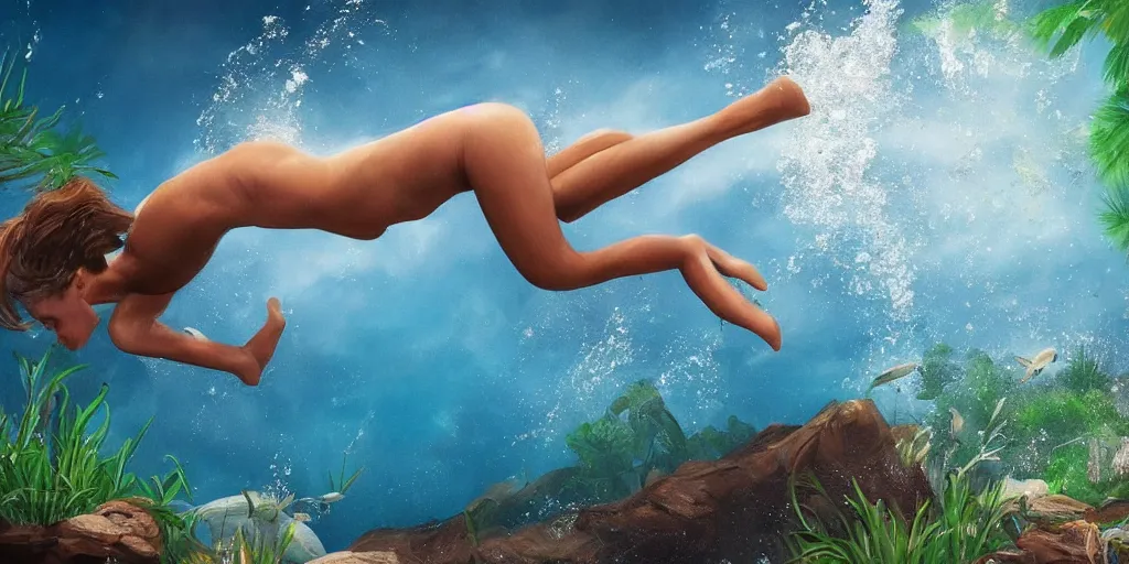 Prompt: a beautiful woman diving into a lagoon, detailed, photorealistic, dramatic