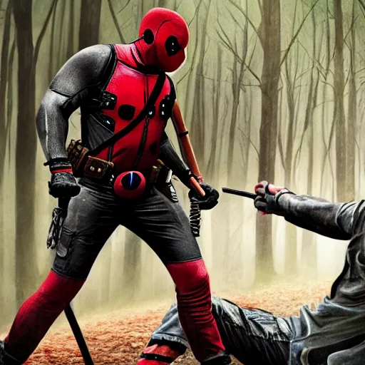 Image similar to jason voorhees fighting with deadpool in the woods digital art 4 k detailed super realistic